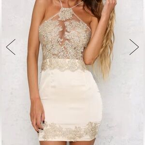 Seek the Label Gold Embroidered Semi Sheer Lace Mini Dress, Size M